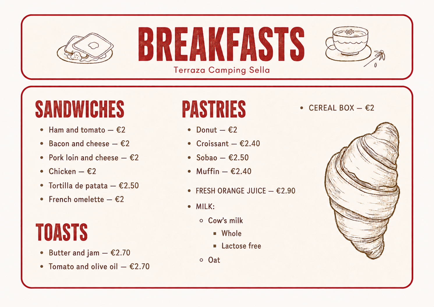 Breakfast options in Camping Sella Bar Terrace